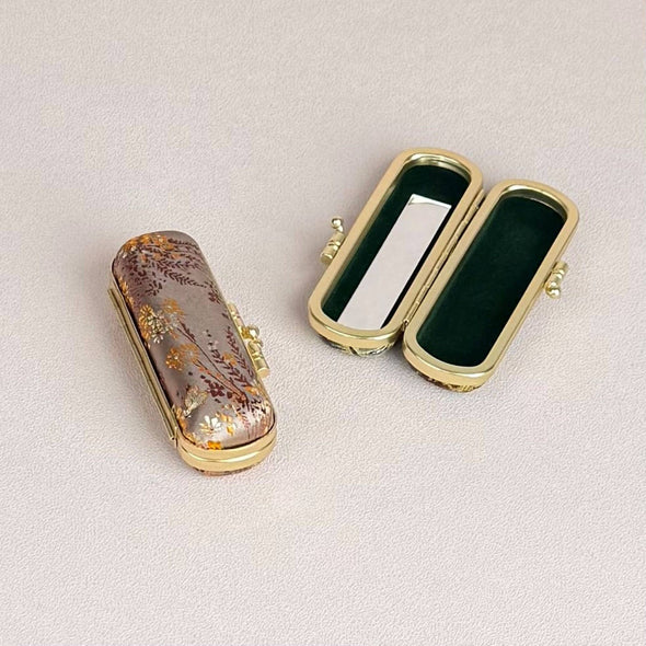 Small Floral Brocade  Lipstick Case / Holder
with Mirror