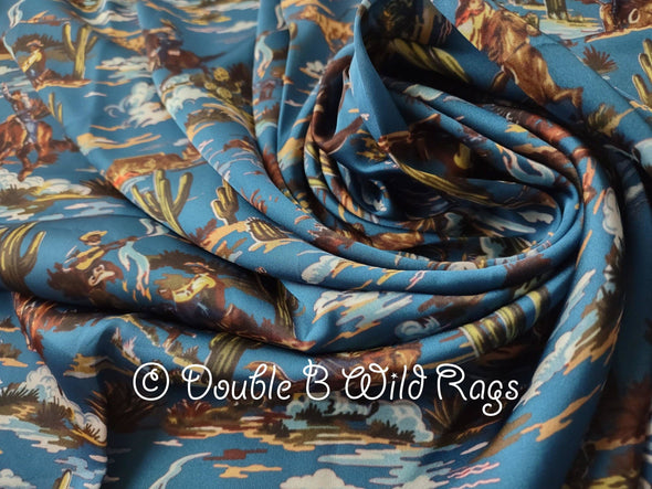 WILD RAG Vintage Retro Blue Cowboy Wranglin' Scene Western Neck Scarf Bandanna by Double B Wild Rags