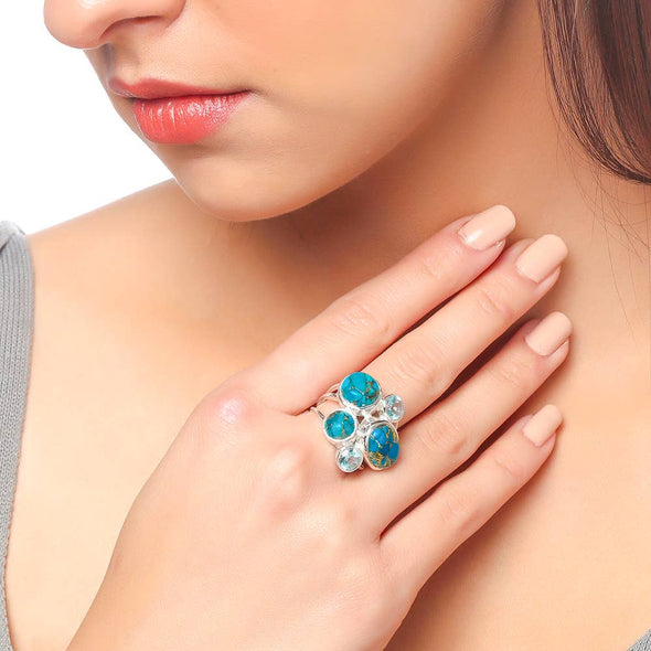Blue Turquoise & Topaz  925 Sterling Silver Cocktail Ring