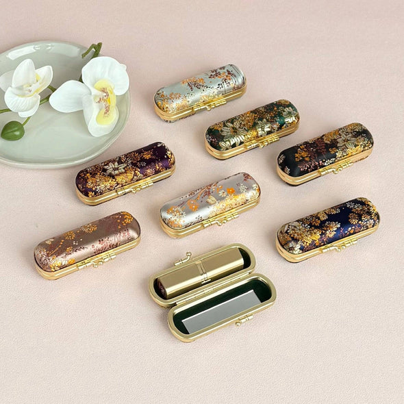 Small Floral Brocade  Lipstick Case / Holder
with Mirror