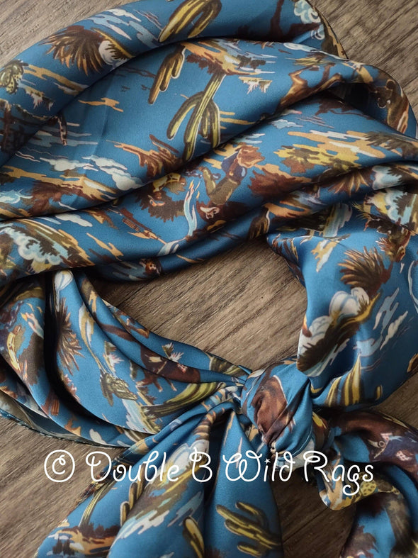 WILD RAG Vintage Retro Blue Cowboy Wranglin' Scene Western Neck Scarf Bandanna by Double B Wild Rags