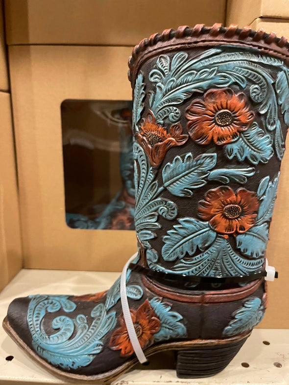 Blue Floral Cowboy Boot Vase: 12”
