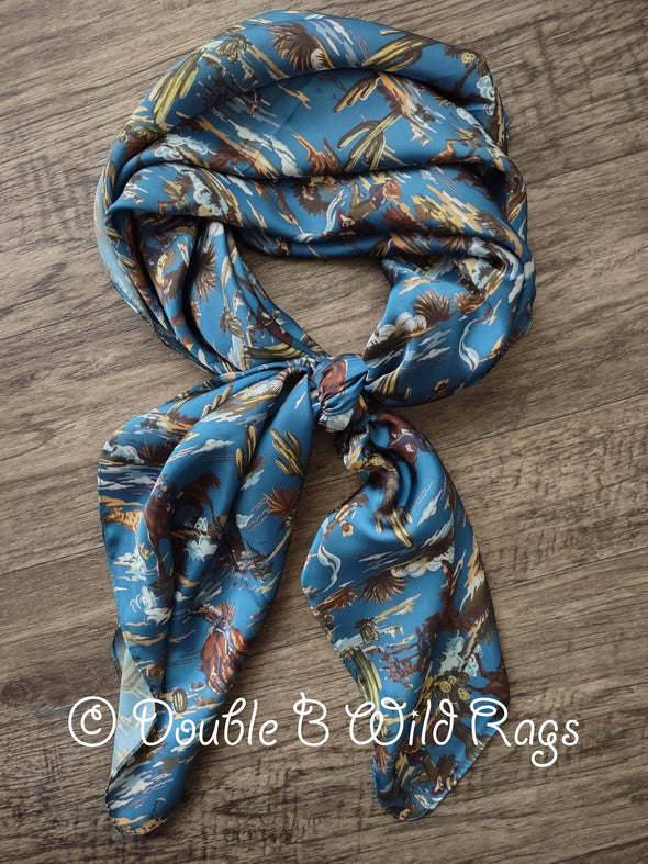 WILD RAG Vintage Retro Blue Cowboy Wranglin' Scene Western Neck Scarf Bandanna by Double B Wild Rags