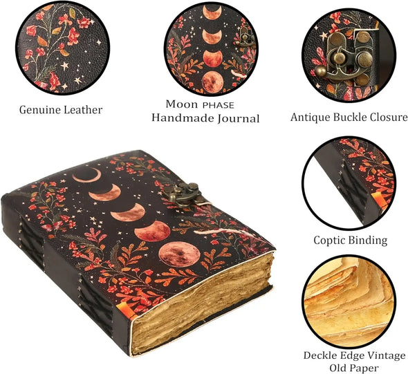 Vintage Leather Journal Notebook Diary with Moon Print  