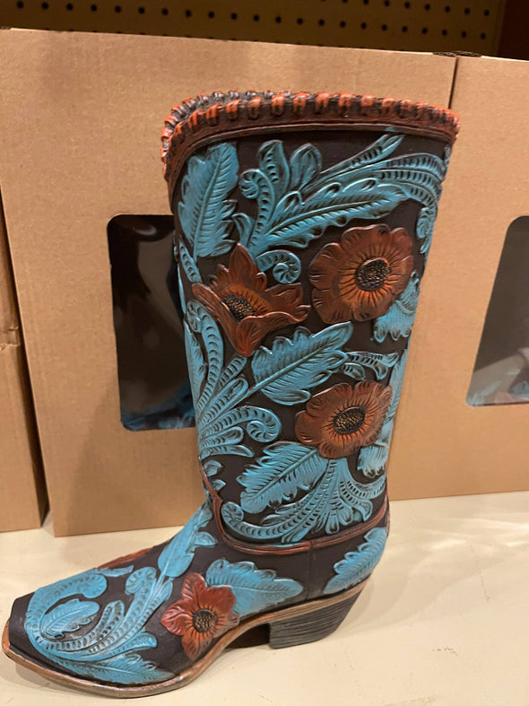 Blue Floral Cowboy Boot Vase: 12”