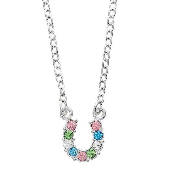 AWST Int'l Aqua Rhinestone Horseshoe Necklace w/Horse Head Gift Box