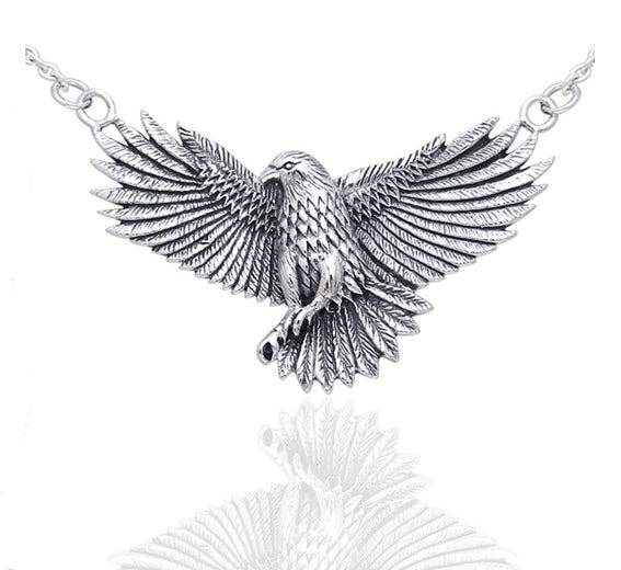 Detailed Sterling Silver Native American Indian Large Eagle Necklace 18"