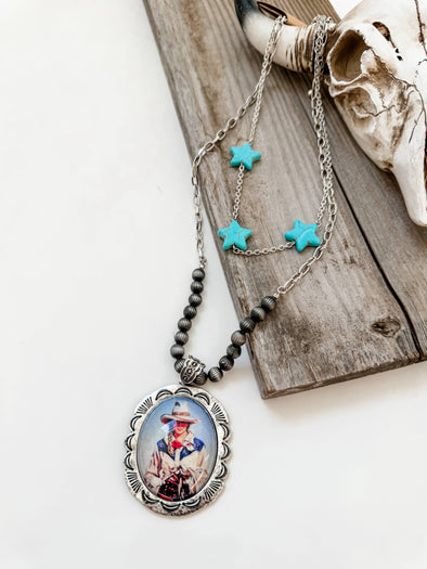 Western Cowboy Pendant Necklace - Turquoise Stars