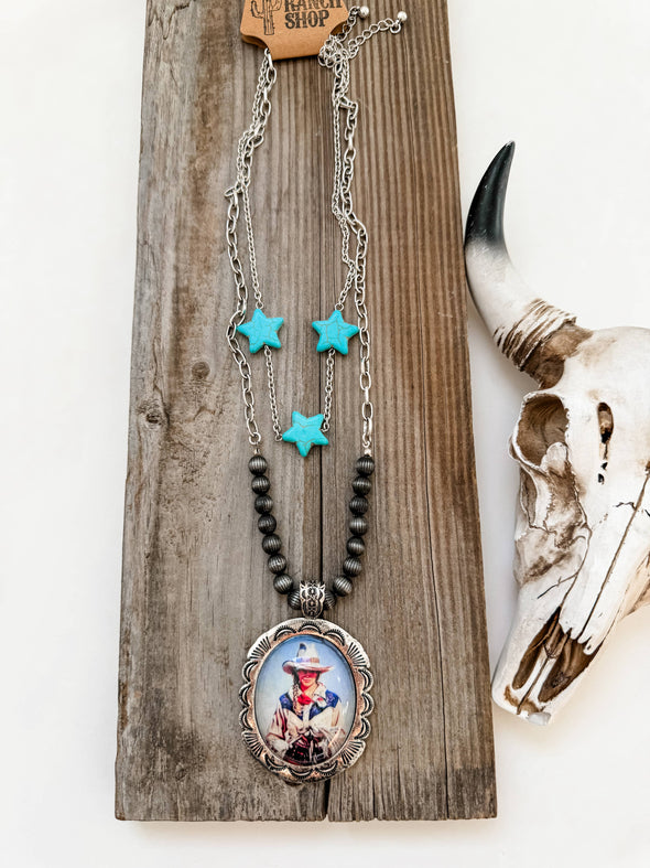 Western Cowboy Pendant Necklace - Turquoise Stars