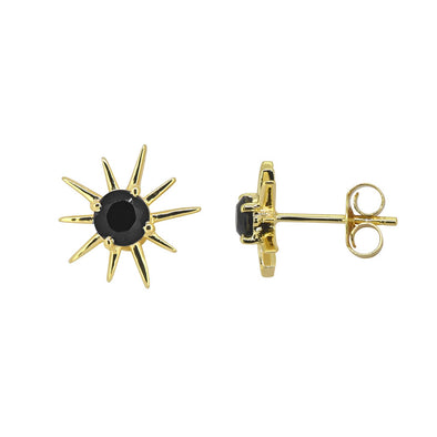 Gold Plated 925 Silver Black Onyx Sun Style Stud Earring
