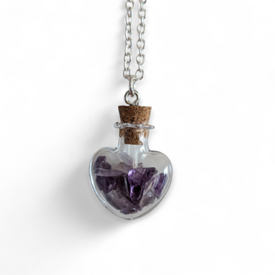 Natural Amethyst Chips in Glass Heart Necklace
