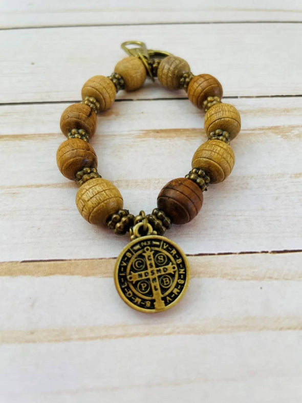 St Benedict Wooden Rosary Keychain  