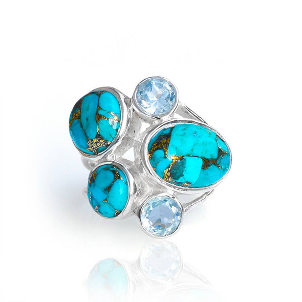 Blue Turquoise & Topaz  925 Sterling Silver Cocktail Ring