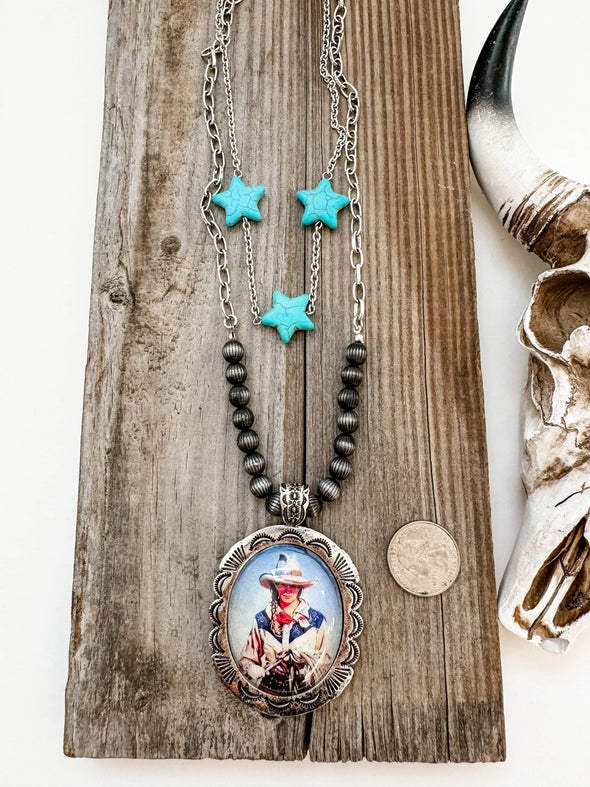 Western Cowboy Pendant Necklace - Turquoise Stars