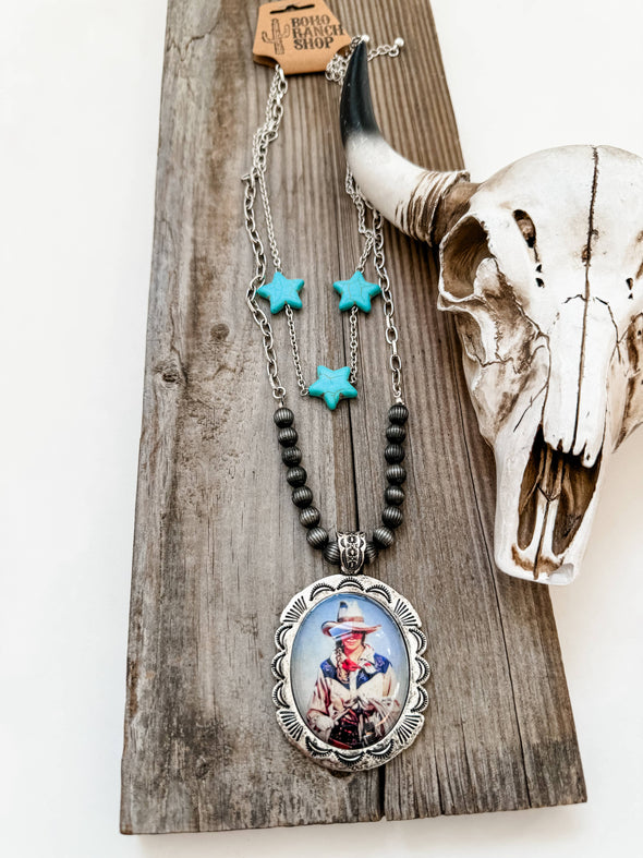 Western Cowboy Pendant Necklace - Turquoise Stars