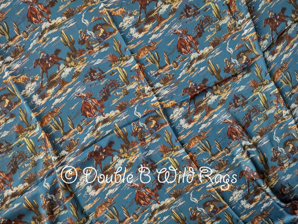 WILD RAG Vintage Retro Blue Cowboy Wranglin' Scene Western Neck Scarf Bandanna by Double B Wild Rags