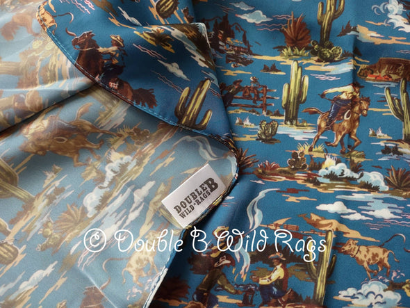 WILD RAG Vintage Retro Blue Cowboy Wranglin' Scene Western Neck Scarf Bandanna by Double B Wild Rags