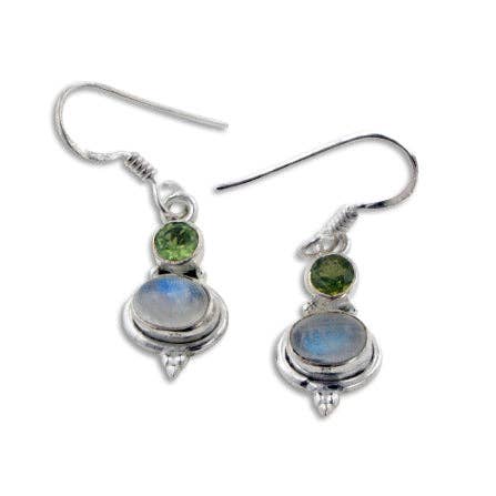 Small Gemstone Rainbow Moonstone and Peridot Sterling Silver Earrings