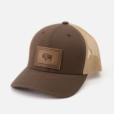 Wyoming Flag Hat | Leather Patch Snapback: Brown/Khaki