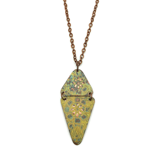 Copper Patina Necklace - Light Green Floral