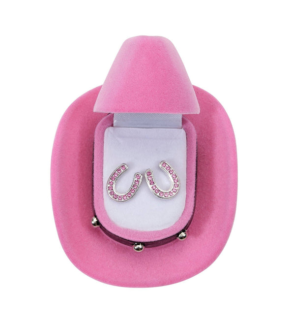 Pink Rhinestone Horseshoes Earrings w/Colorful Cowboy Hat Box