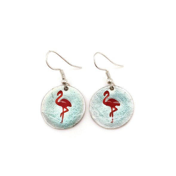 Pewter Earrings with Color Enamel - Flamingo in Red/Aqua