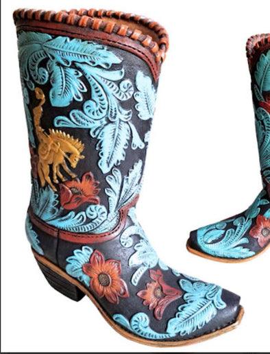 Blue Floral Cowboy Boot Vase: 12”