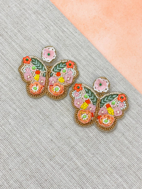 Floral Butterfly Beaded Dangle Earrings