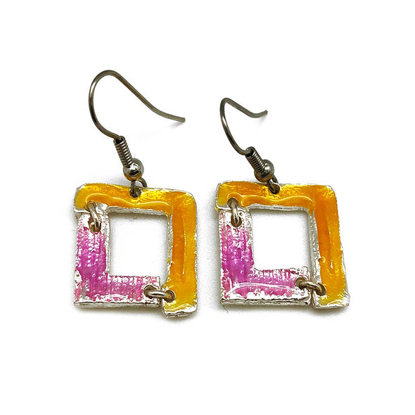 Pewter Earrings with Color Enamel - Yellow/Pink