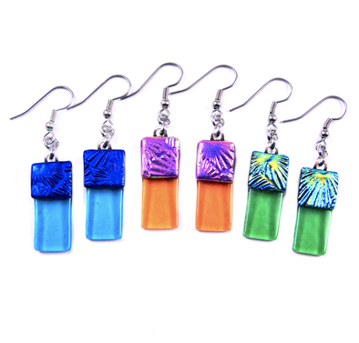 Dichroic Glass Earrings Dangle - Cathedral Textures Rainbow