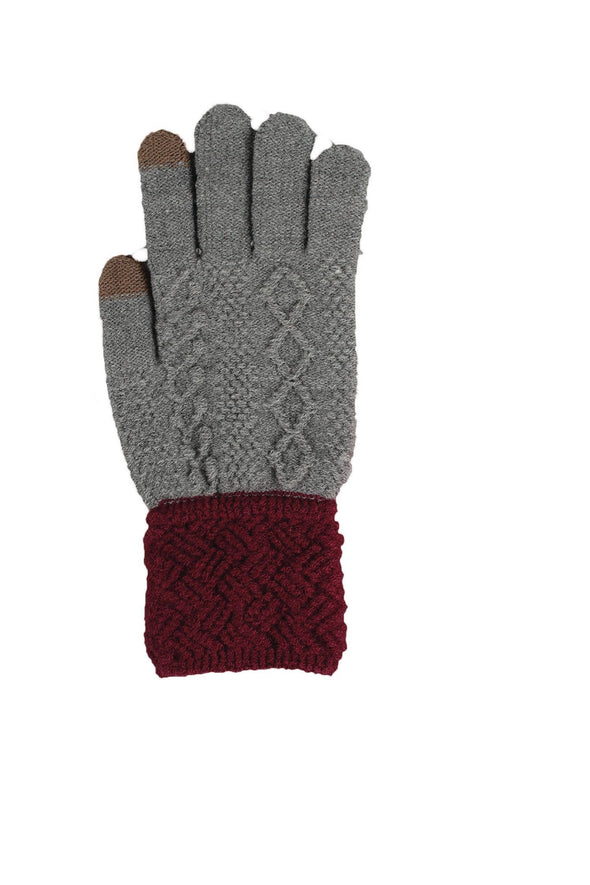 Gray and Maroon Knit Texting Gloves