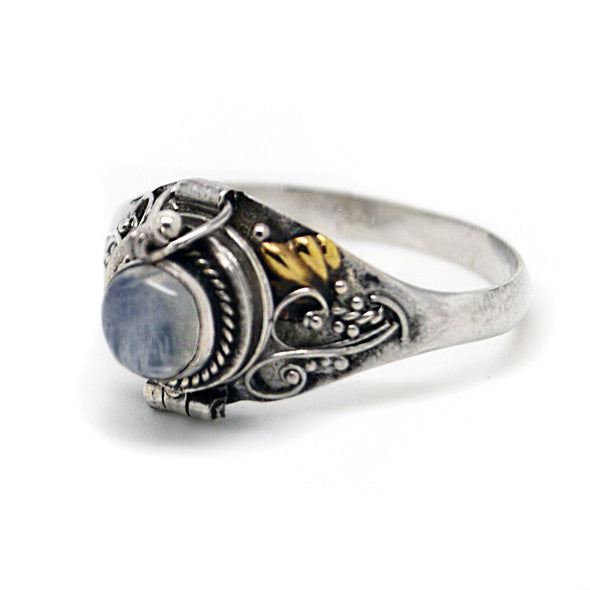 Sterling Silver Round Rainbow Moonstone Poison Locket Ring: 7