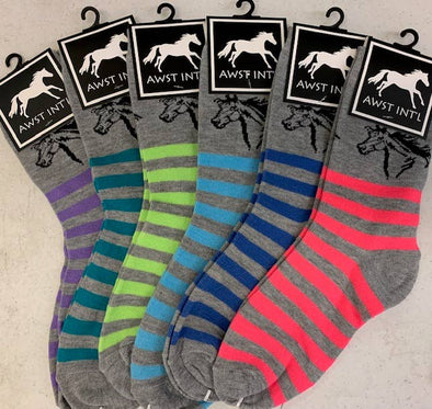 Socks, "lila"  Horse Head Stripe, Ladies' Crew, 6 Pack