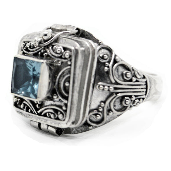 Sterling Silver Medieval Blue Topaz Poison Ring: 9