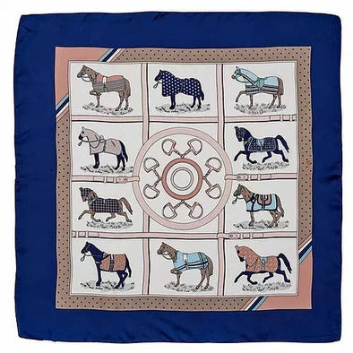 Scarf, Satin,  Horses in Blankets, 28" X 28", Navy (new)