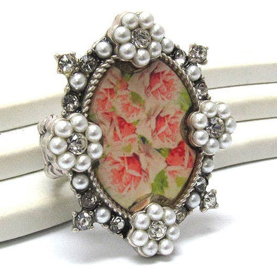 Victorian Roses Cameo Antique Style Silvertone Stretch Ring