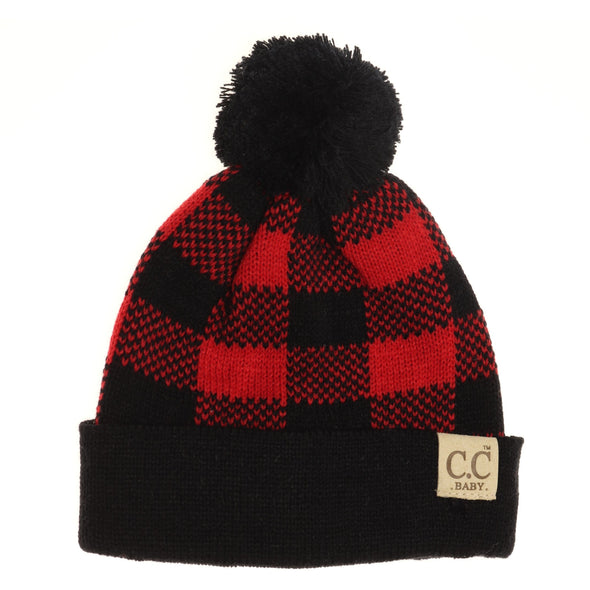 Baby Beanie with Pom- Buffalo Plaid in Assorted Colors
