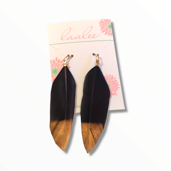 Gold Dipped Black Feather Earrings
