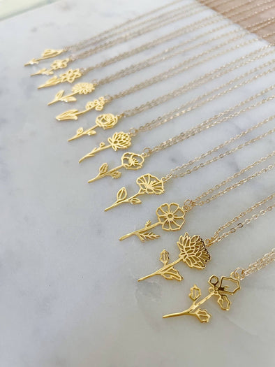 Gold Birth Flower Necklace, Birth Flower Jewelry, Pendant