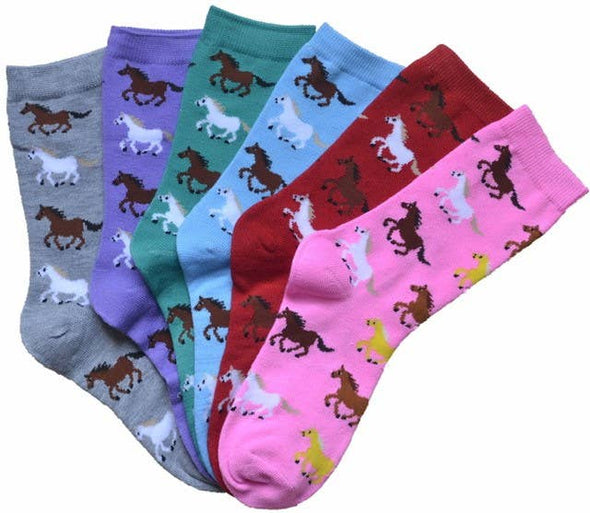 Socks, Colorful Horses, Ladies' Crew, 6 Pack