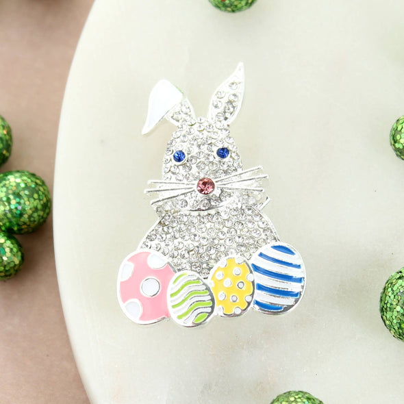 Crystal Bunny with Eggs Easter Pin
