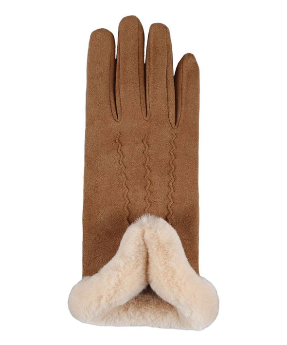 Tan Faux Suede Gloves with Ivory Lining