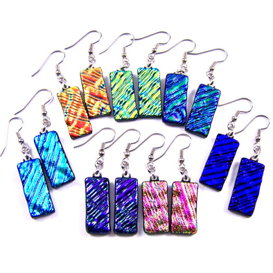 Dichroic Glass Earrings Dangle - Long Ripple Bright Rainbow