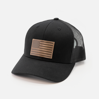 American Flag Hat | Leather Patch Trucker Hat