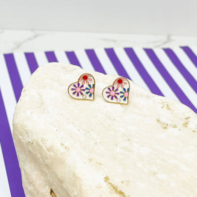 Flower Power Heart Enamel Stud Earrings