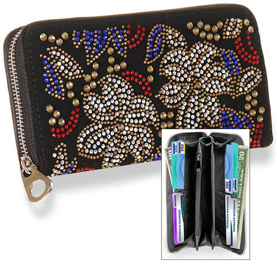 Colorful Rhinestone Patterned Accordion Wallet: Black