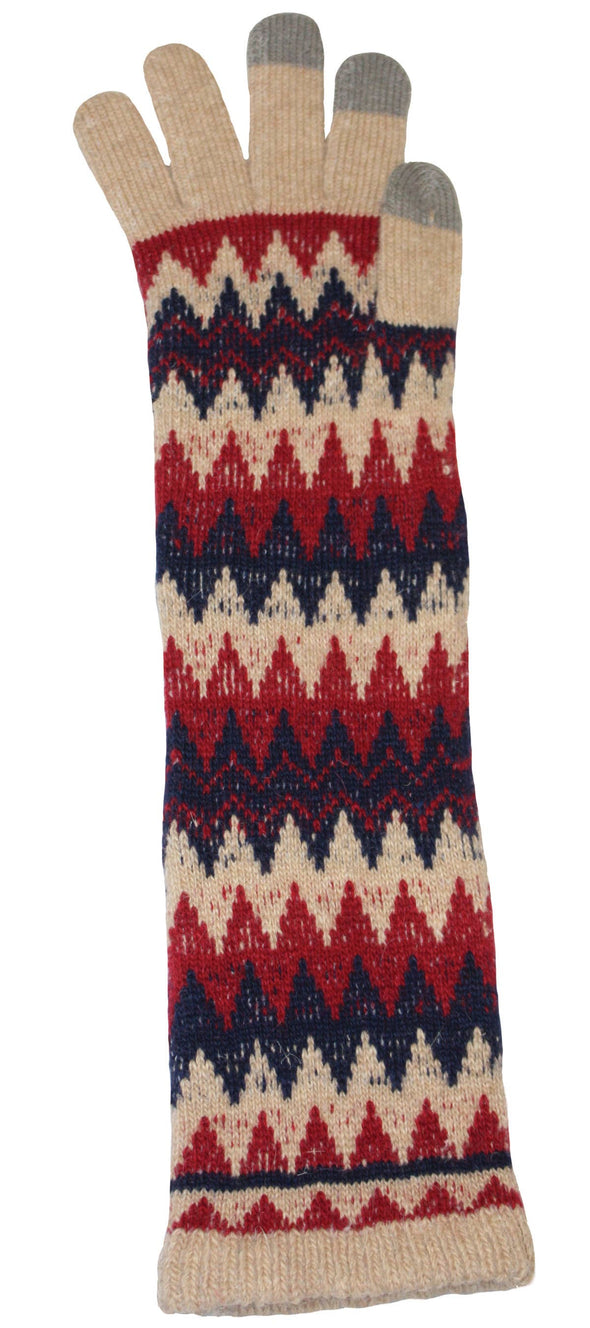 Tan, red and blue arm warmer gloves