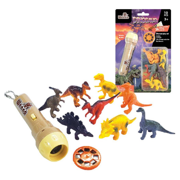 8 pcs Dinosaur figurines, 1 Flashlight, 1 Disc with 8