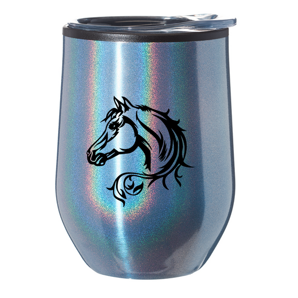 Wine Tumbler, 12 Oz. Stainless With Fancy Horse Head, Blue