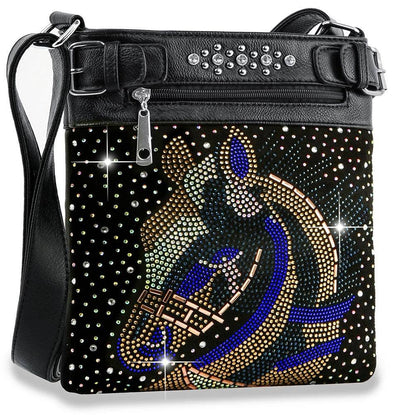 Rhinestone Horse Crossbody Sling - Black: Black